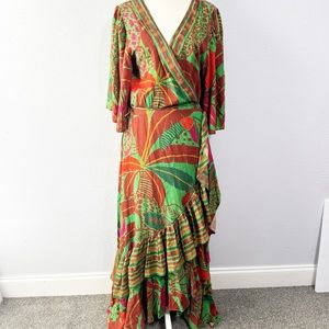FARM RIO ANTHROPOLOGY TROPICAL PRINT FLUTTER SLEEVE WRAP MAXI DRESS SIZE M